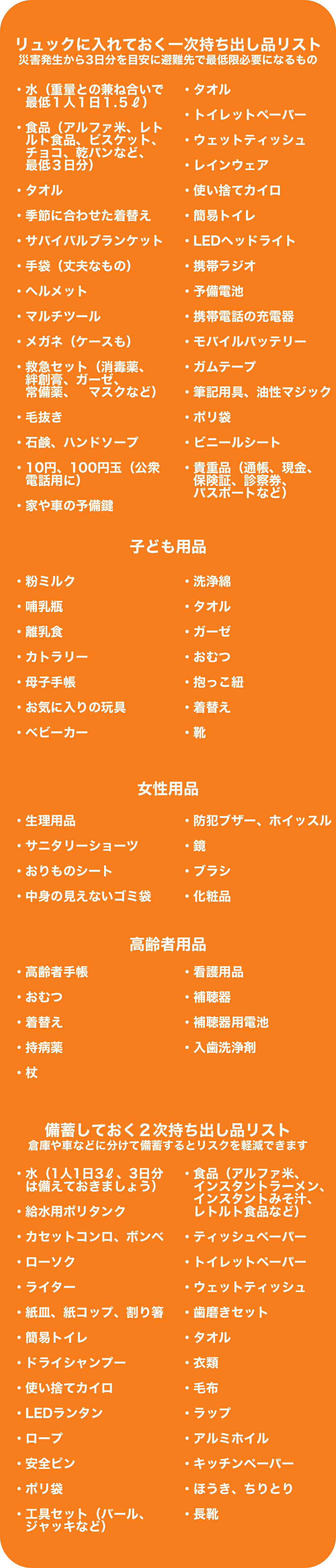 リュックに入れておく一時持ち出し品リスト