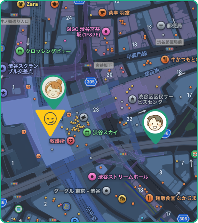 地図上にアイコンが表示されます・ご家族は設定したアイコン、または名前の文字の一部・不審者は、黄色の逆三角アイコン・こども狙いの不審者は、黄色の逆三角アイコンにKidsの文字入り