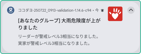 大雨危険度の通知が届いた画面